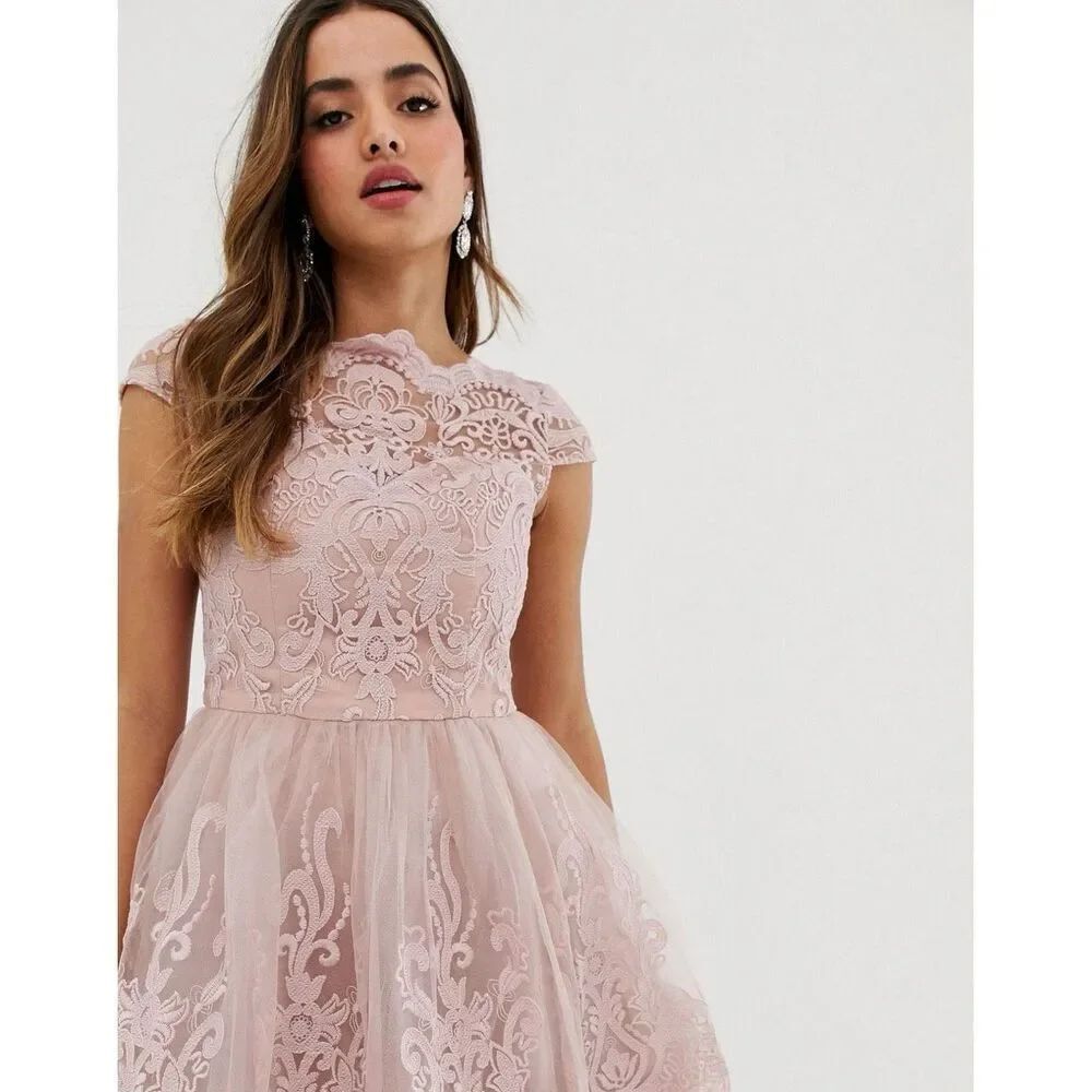 Chi Chi London Lace Premium Lace Midi Prom Dress With Bardot Neck In Mink